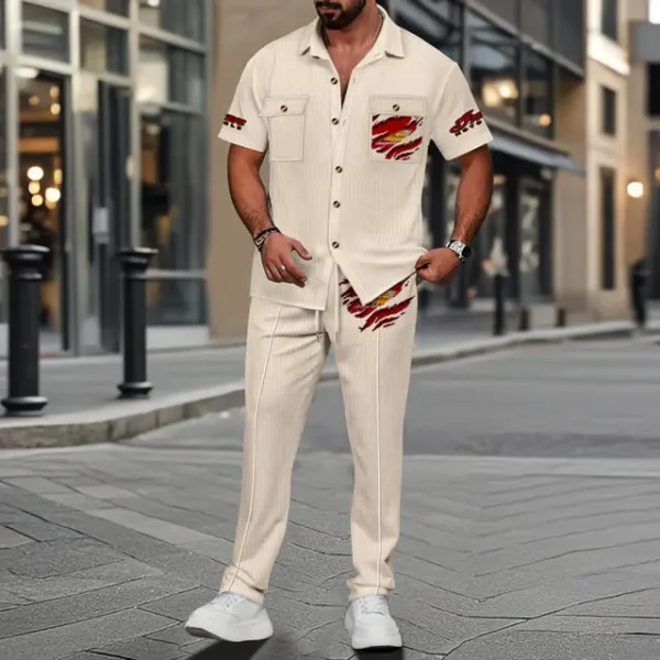 Indian Motorcycle Men's Summer Casual Two-Piece Set With Lapel Buttons Shirt And Long Pants KDAMAD74876 - Image 5