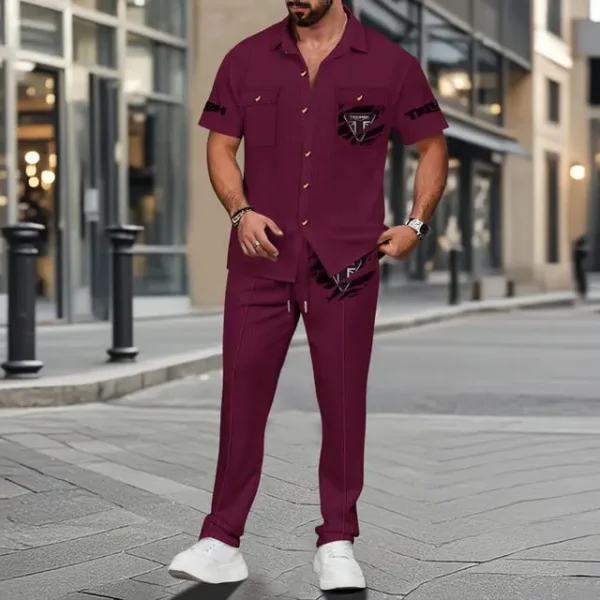 Triumph Men's Summer Casual Two-Piece Set With Lapel Buttons Shirt And Long Pants KDAMAD74888