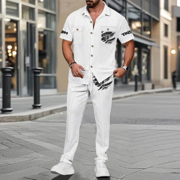 Triumph Men's Summer Casual Two-Piece Set With Lapel Buttons Shirt And Long Pants KDAMAD74888 - Image 2