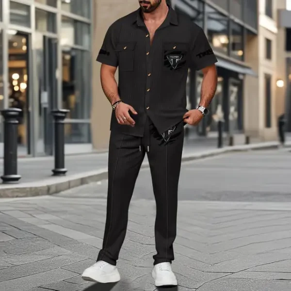 Triumph Men's Summer Casual Two-Piece Set With Lapel Buttons Shirt And Long Pants KDAMAD74888 - Image 3