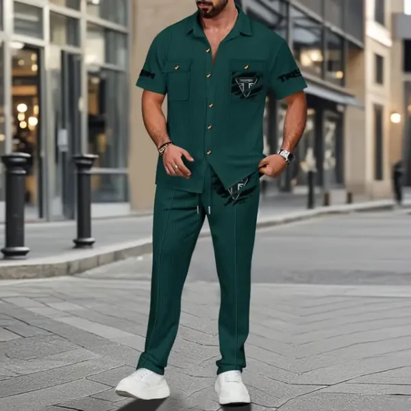 Triumph Men's Summer Casual Two-Piece Set With Lapel Buttons Shirt And Long Pants KDAMAD74888 - Image 6