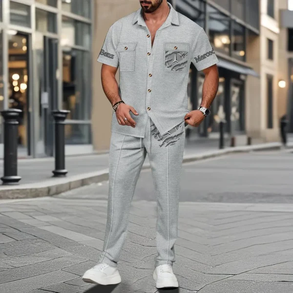 Mercedes Benz Men's Summer Casual Two-Piece Set With Lapel Buttons Shirt And Long Pants KDAMAD74786 - Image 2