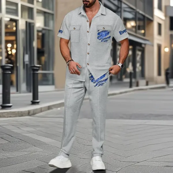 Everton Men's Summer Casual Two-Piece Set With Lapel Buttons Shirt And Long Pants KDAMAD74826 - Image 4