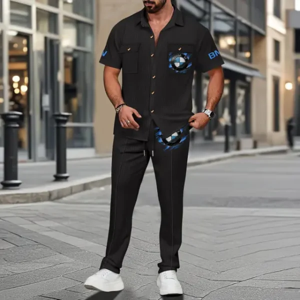 Bmw Men's Summer Casual Two-Piece Set With Lapel Buttons Shirt And Long Pants KDAMAD74750 - Image 3