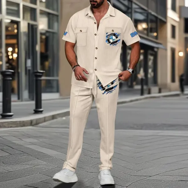 Bmw Men's Summer Casual Two-Piece Set With Lapel Buttons Shirt And Long Pants KDAMAD74750 - Image 5