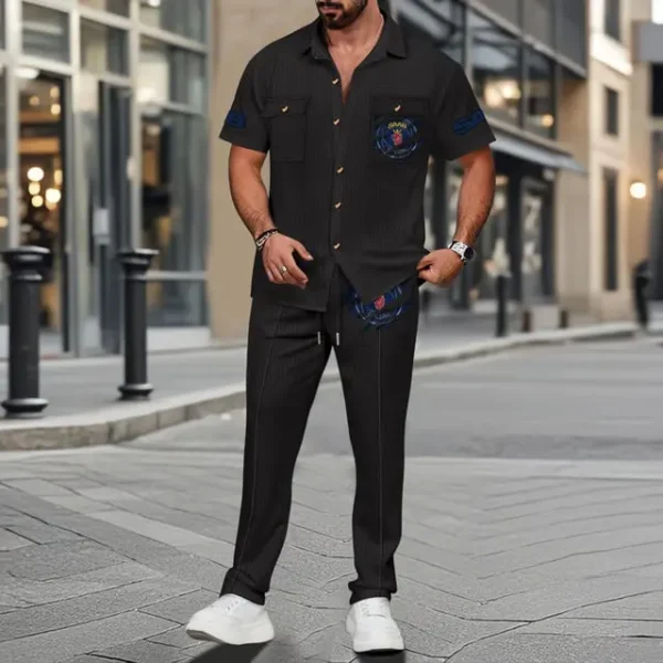 Saab Men's Summer Casual Two-Piece Set With Lapel Buttons Shirt And Long Pants KDAMAD74802 - Image 2