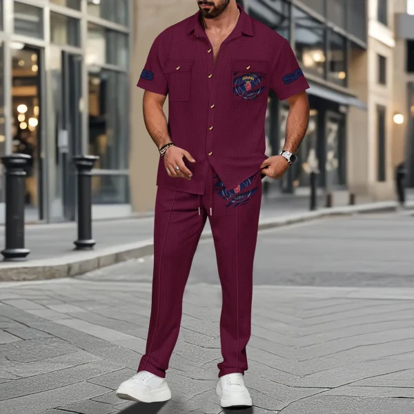 Saab Men's Summer Casual Two-Piece Set With Lapel Buttons Shirt And Long Pants KDAMAD74802 - Image 4