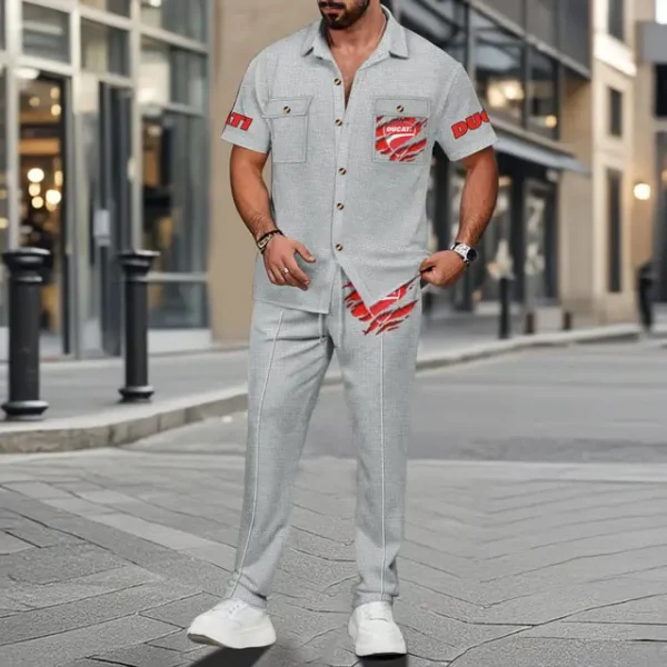 Ducati Men's Summer Casual Two-Piece Set With Lapel Buttons Shirt And Long Pants KDAMAD74866 - Image 3