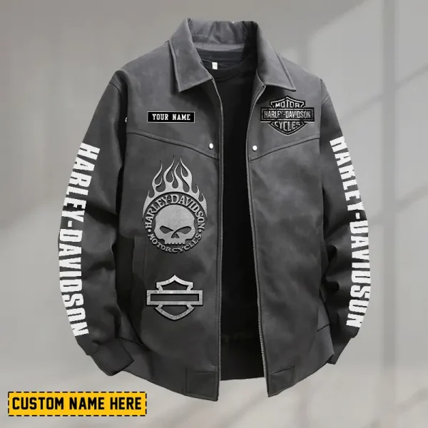 Harley Davidson Men's PU Leather Flight Jacket Fashionable Slim Fit Collar Windproof Motorcycle CBSPULFJFW010