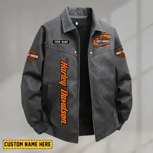 Harley Davidson Men's PU Leather Flight Jacket Fashionable Slim Fit Collar Windproof Motorcycle CBSPULFJFW012