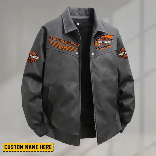 Harley Davidson Men's PU Leather Flight Jacket Fashionable Slim Fit Collar Windproof Motorcycle CBSPULFJFW015 - Image 3