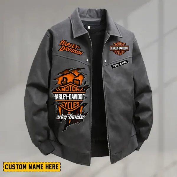 Harley Davidson Men's PU Leather Flight Jacket Fashionable Slim Fit Collar Windproof Motorcycle CBSPULFJFW016