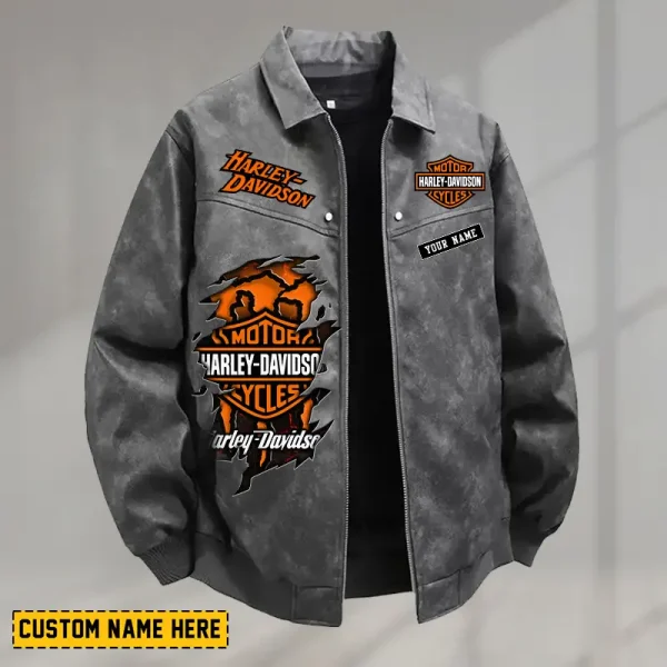 Harley Davidson Men's PU Leather Flight Jacket Fashionable Slim Fit Collar Windproof Motorcycle CBSPULFJFW016 - Image 2