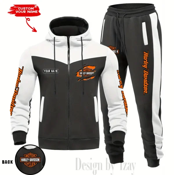 Harley Davidson Set Men Tracksuit Contrast Colors Drawstring Hooded Breathable Coat Suit for Daily Wear CSBMTHZFCS001