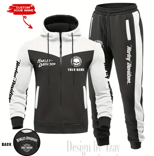 Harley Davidson Set Men Tracksuit Contrast Colors Drawstring Hooded Breathable Coat Suit for Daily Wear CSBMTHZFCS003