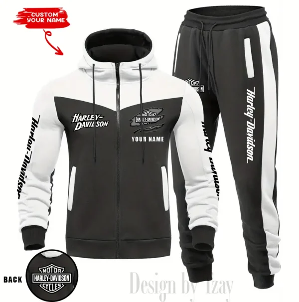 Harley Davidson Set Men Tracksuit Contrast Colors Drawstring Hooded Breathable Coat Suit for Daily Wear CSBMTHZFCS004