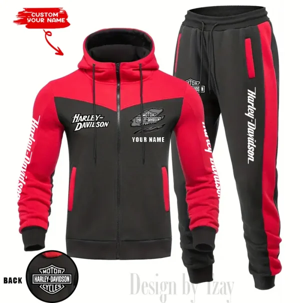 Harley Davidson Set Men Tracksuit Contrast Colors Drawstring Hooded Breathable Coat Suit for Daily Wear CSBMTHZFCS004 - Image 2