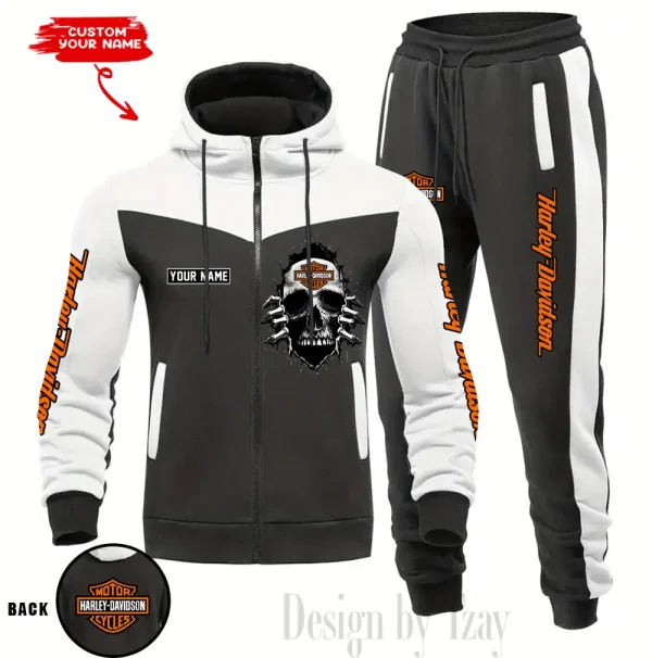 Harley Davidson Set Men Tracksuit Contrast Colors Drawstring Hooded Breathable Coat Suit for Daily Wear CSBMTHZFCS005