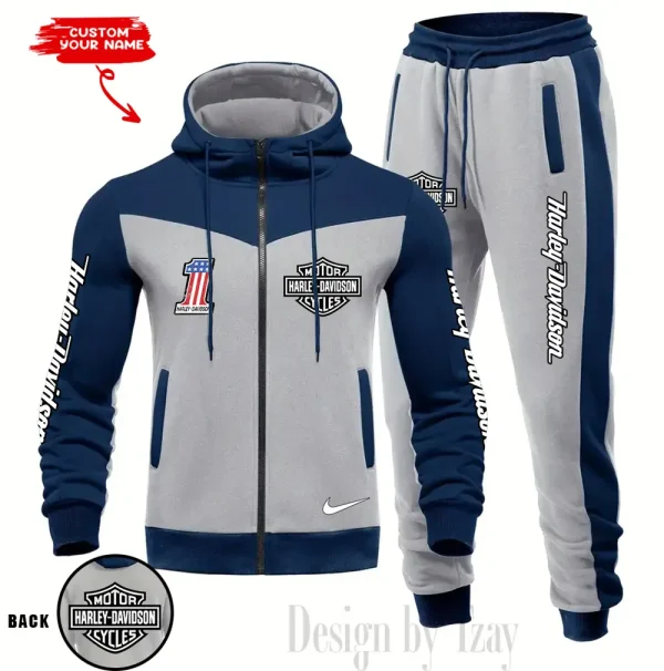 Harley Davidson Set Men Tracksuit Contrast Colors Drawstring Hooded Breathable Coat Suit for Daily Wear CSBMTHZFCS007